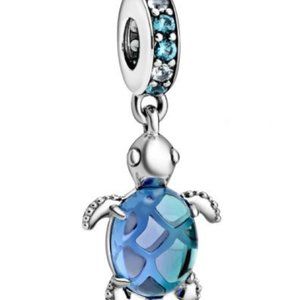 New Pandora Sea Turtle Dangle Murano Blue Glass Charm Bead w/pouch
